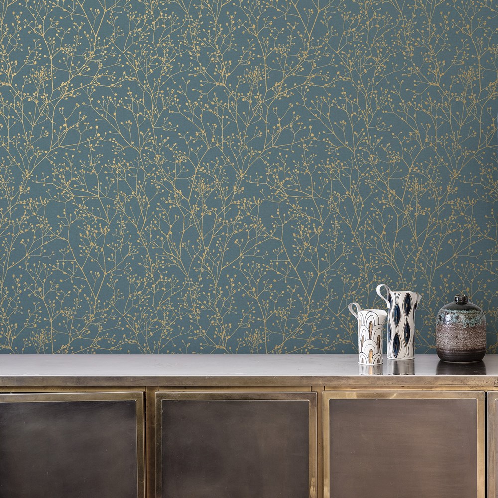 Gypsophila Wallpaper 120384 by Clarissa Hulse in Airforce Blue Soft Gold